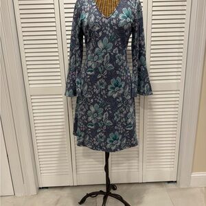 Anthropologie Blue and Green Floral Long Sleeve Dress